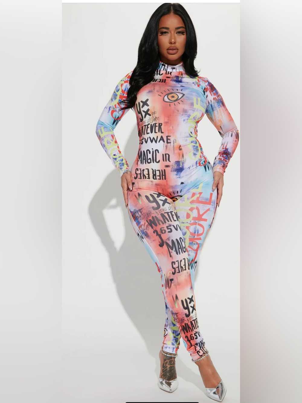 Fashion Nova Multicolor Graffiti Print Jumpsuit